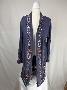 NWT Caite "Isla" Blue Embroidered Floral Open Long Cardigan Sweater XL #0720